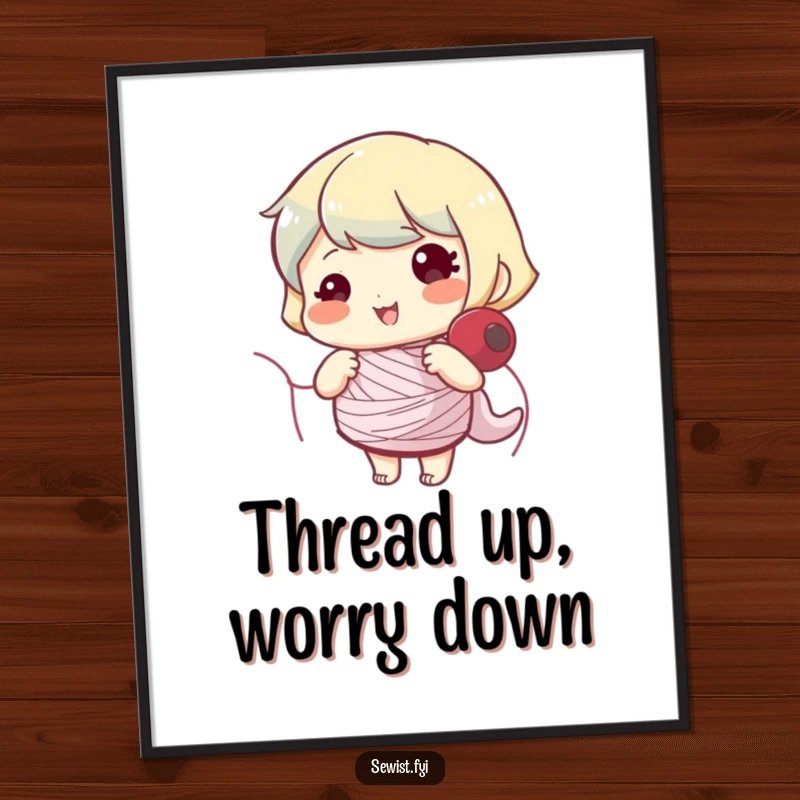 Funny poster illustration of a happy character winding a thread bobbin, adding cheerful vibes to sewing spaces.