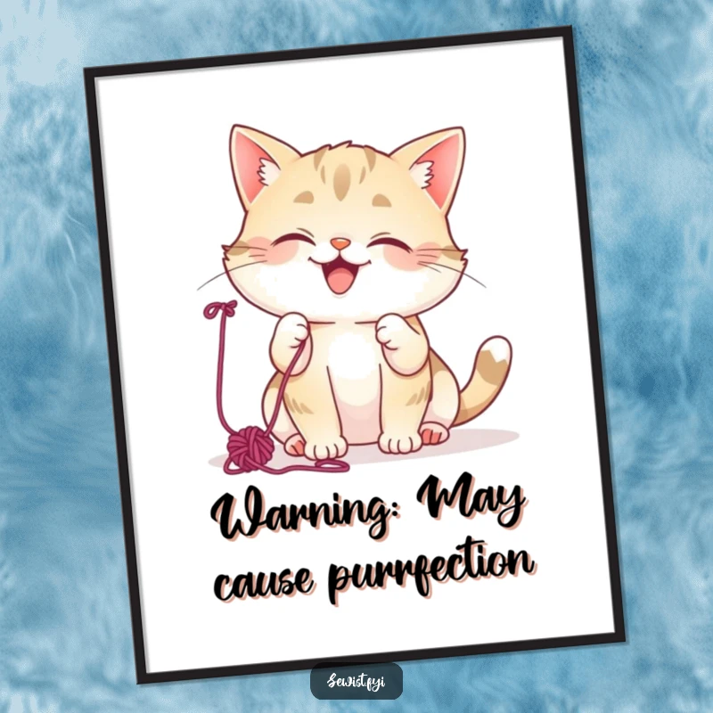 Funny Cat Poster: Mischievous cat giggling while batting yarn, vibrant and humorous wall art for any room.