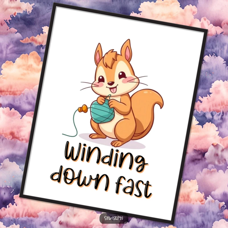 Funny Squirrel Poster: A jolly squirrel character winding a bobbin with great speed, representing fast-paced creativity.