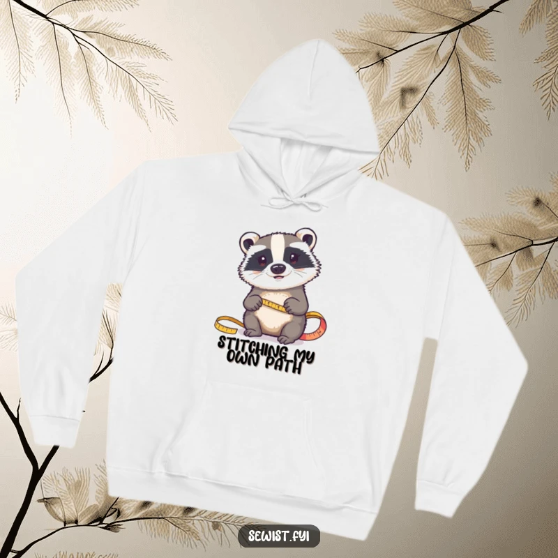 Funny hoodie: A determined badger wearing a cozy hoodie carefully measures fabric, demonstrating focus and dedication.
