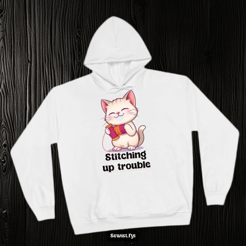 Funny giggling cat with a spool of thread, eager to sew, a soft and humorous hoodie for creative cat lovers.