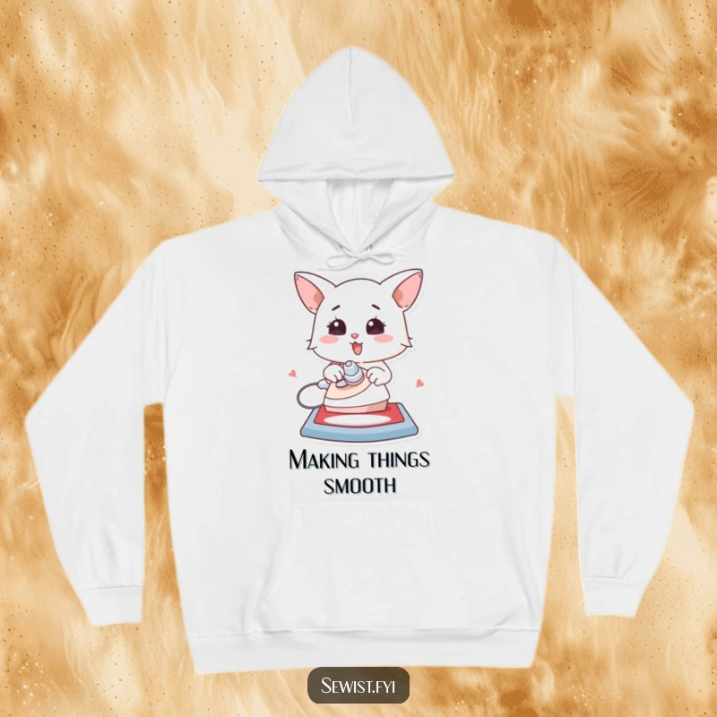 Funny hoodie depicting a character enthusiastically ironing a flat creation, perfect for cozy crafting sessions.