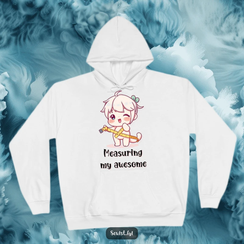 Funny hoodie depicting a character playfully stretching a measuring tape, ideal for cozy crafting moments.