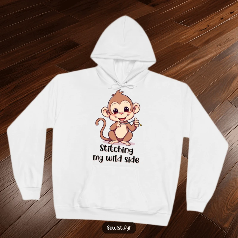 Funny hoodie: A playful monkey in a cozy hoodie demonstrates a complex zigzag stitch, showing off its sewing prowess.