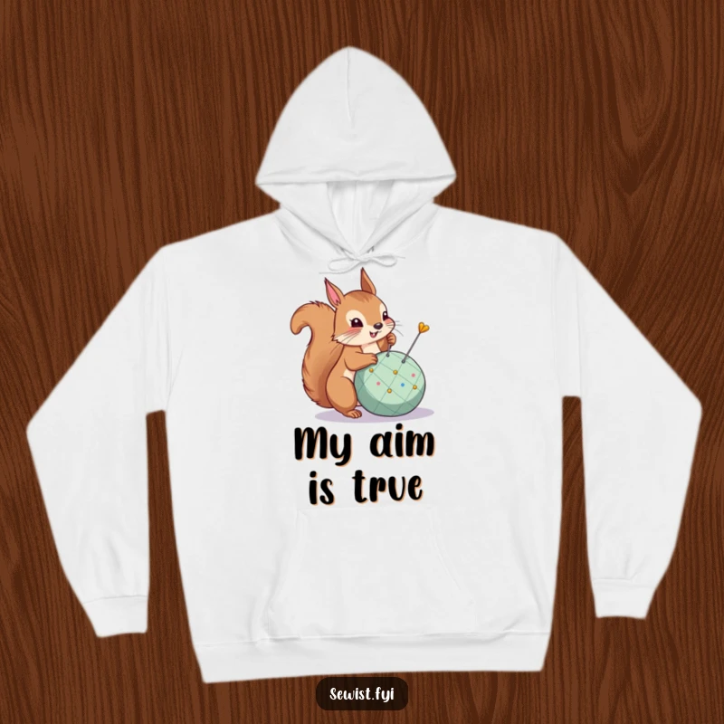 Funny Hoodie: A proud squirrel celebrates pinning a dart, offering cozy comfort and a champion's spirit.