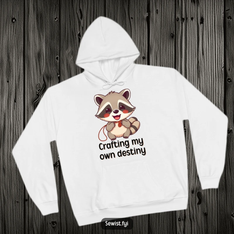 Funny Raccoon Sewing Hoodie: A cheerful raccoon happily sewing, radiating delight and comfort. Ideal for cozy crafting sessions.