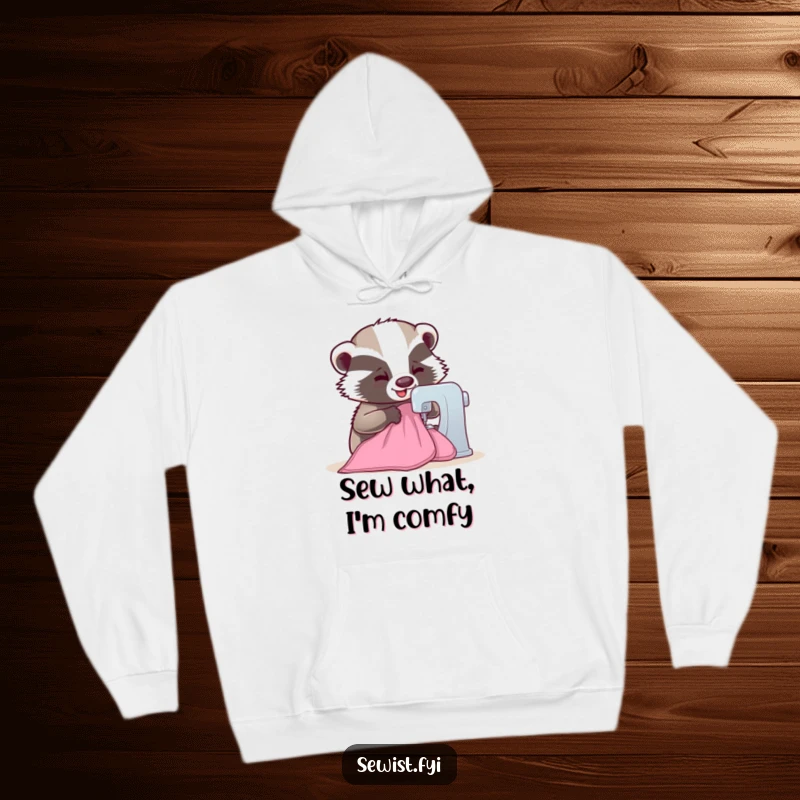 Funny Badger Hoodie: A smiling badger diligently sewing fabric on a machine, offering cozy comfort and a dose of humor, a great gift.