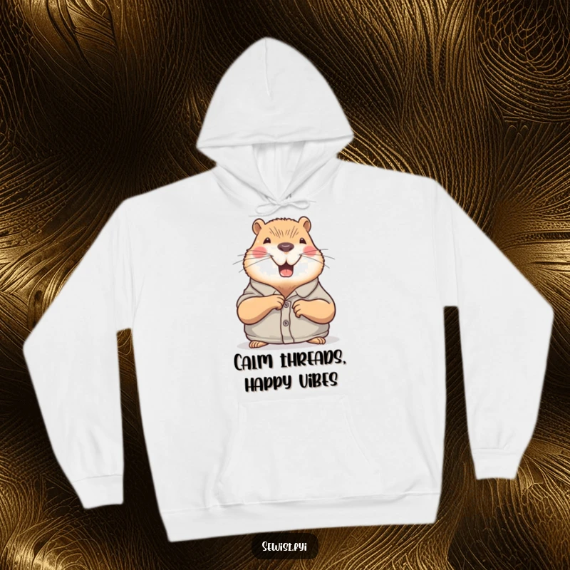 Funny Capybara Hoodie: A joyful capybara sewing a button onto a shirt, providing warmth and humorous relaxation, a lovely gift.