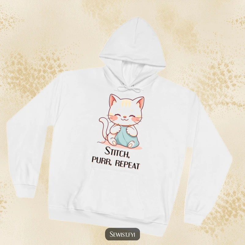 Funny cat hoodie with a smiling cat concentrating on sewing with a needle and thread, perfect for cozy crafting.