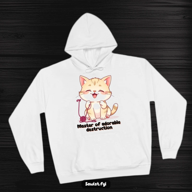 Funny Cat Hoodie: Mischievous cat giggling, happily batting colorful yarn, ultimate cozy and humorous apparel.