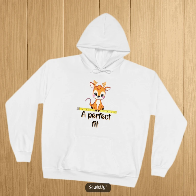 Funny Deer Measuring Tape Hoodie: A warm hoodie depicting a joyful deer meticulously measuring fabric with a tape measure, radiating crafting enthusiasm.