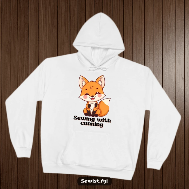 Funny Fox Hoodie: Comfortable hoodie with a delighted fox proudly stitching a colorful patch, embodying crafting joy, gift.