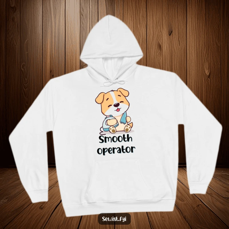 Funny Dog Ironing Seam Hoodie: A warm hoodie depicting a happy dog carefully ironing a minor seam with a small iron, radiating domestic bliss.