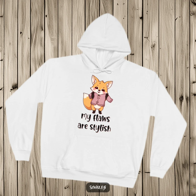 Funny fox dressmaker hoodie, a playful creature proudly holding a slightly crooked garment, ideal for cozy crafting and as a humorous gift.