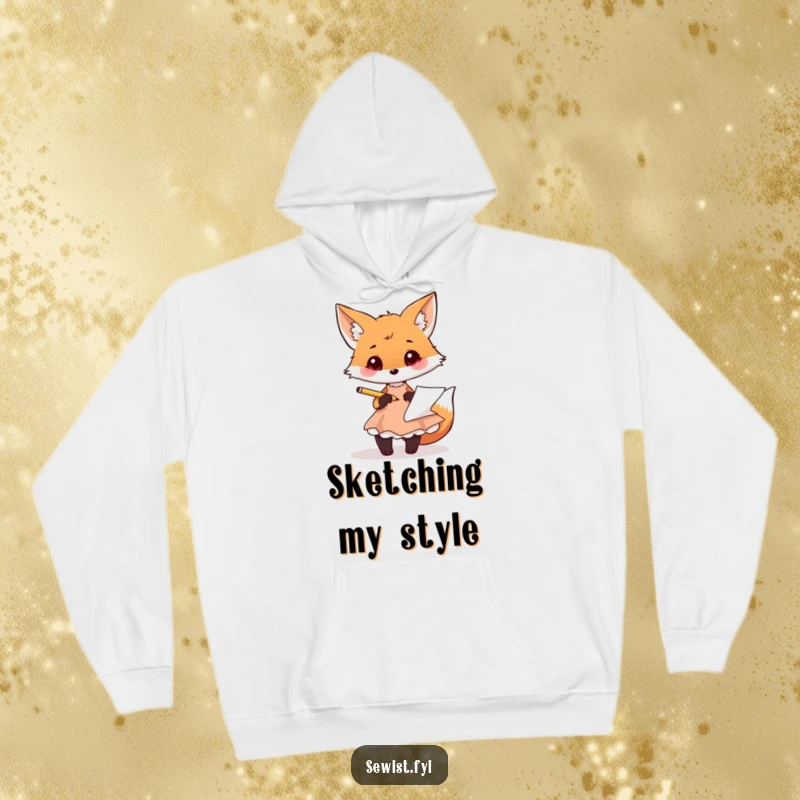 Funny fox hoodie with a playful fox sketching a dress design with a pencil, ideal for creative warmth.