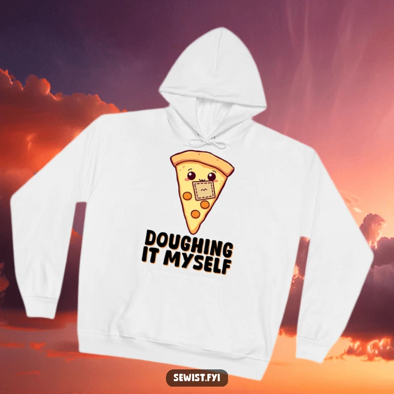 Funny hooded sweatshirt with a proud pizza slice showing off a tiny stitched patch, cozy and humorous attire for foodies and crafters.
