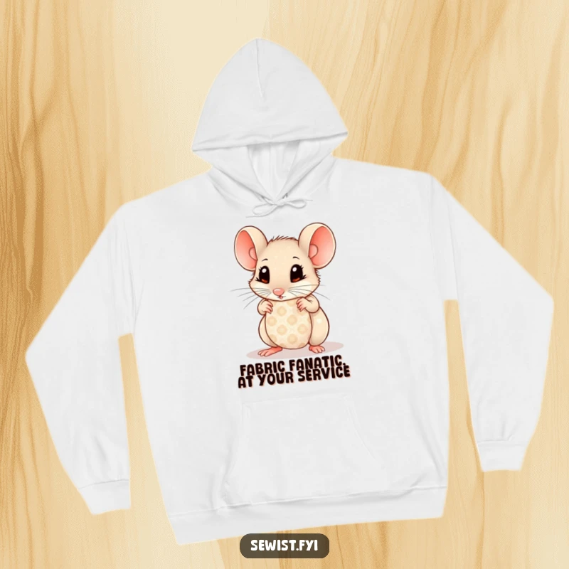 Funny Mouse Hoodie: Curious mouse with wide eyes examining patterned fabric, cozy apparel for the detail-oriented.