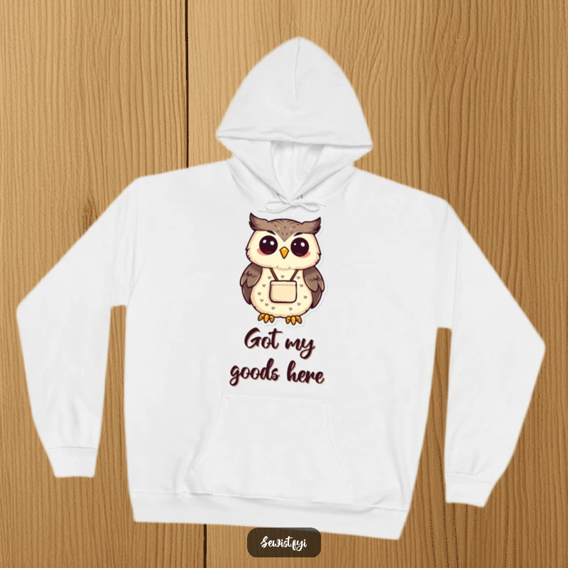 Funny proud owl proudly displaying a small, neatly sewn pouch. Excellent funny hoodie.
