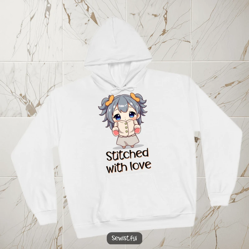 Funny hoodie depicting a triumphant character holding a meticulously sewn garment, perfect for cozy crafting sessions and showing off sewing pride.
