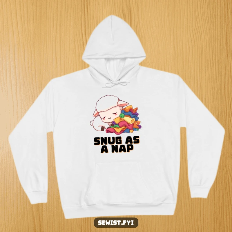 Funny sleepy sheep hoodie, a tired creature dozing near fabric scraps, ideal for cozy crafting and as a humorous gift.