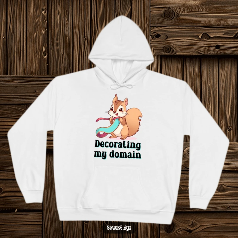 Funny mischievous squirrel unfurls a ribbon with a flourish, a cozy hoodie for playful people.