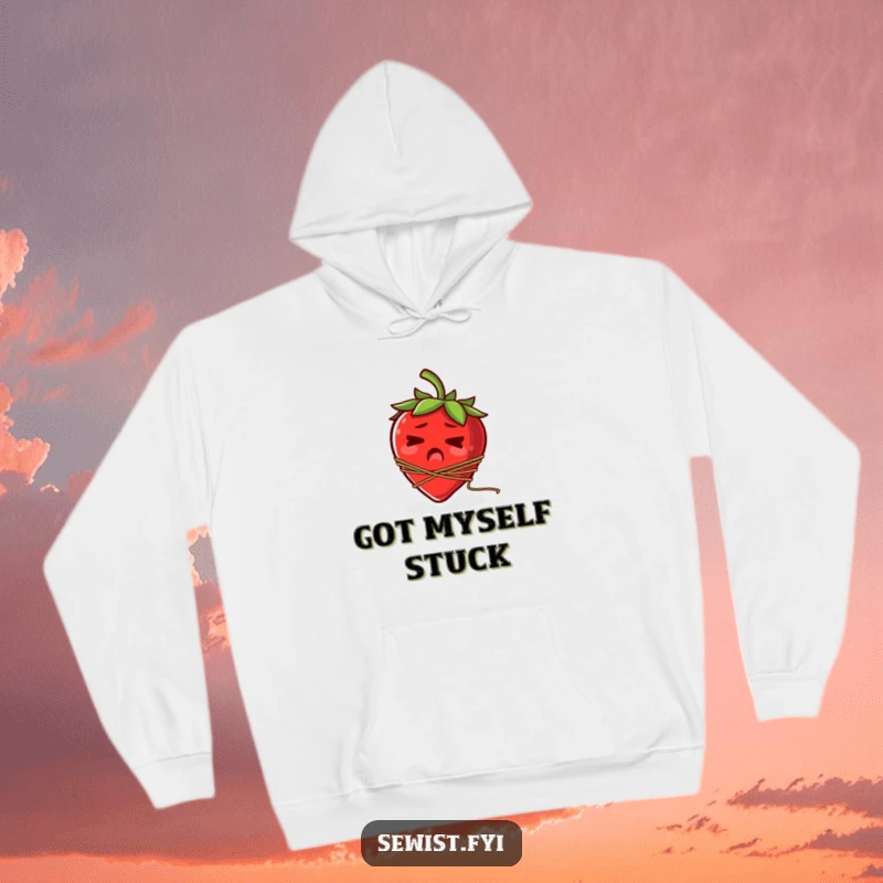 Funny hoodie illustrating a startled strawberry with a spool of thread comically wrapped around its stem.