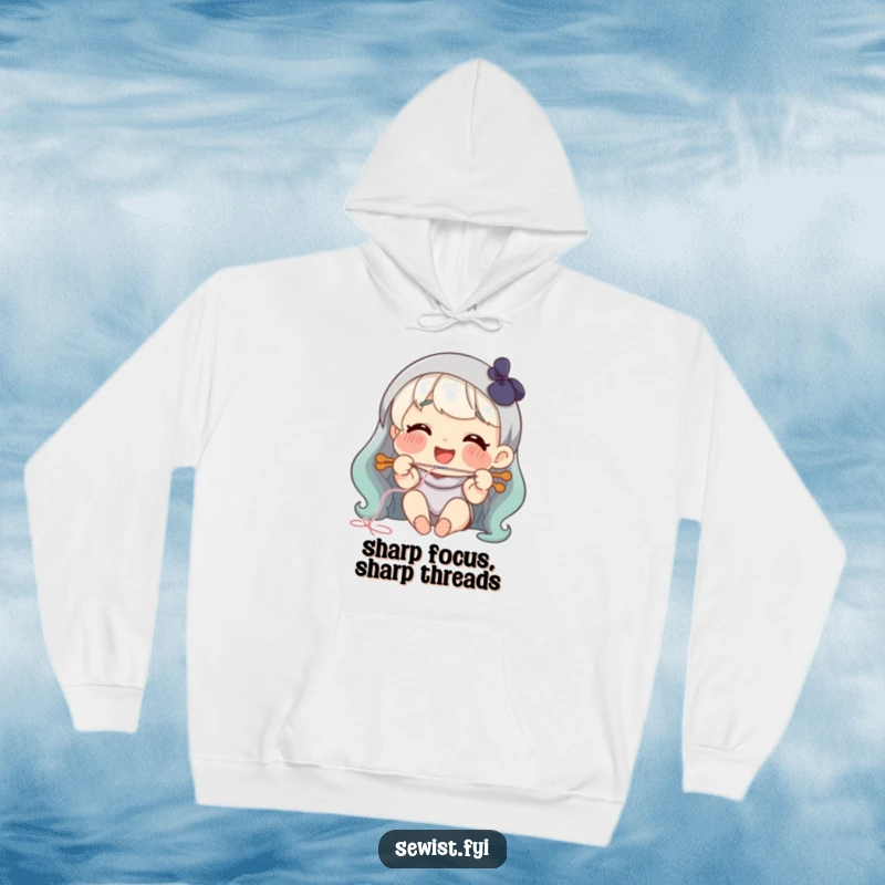 Funny threading needle hoodie, happy character smiling while joyfully threading a needle.