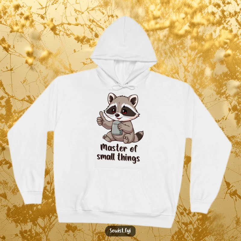 Funny hoodie depicting a cheerful raccoon giving a thumbs-up, expertly using a small thimble, great for casual wear.