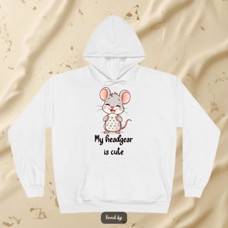 Funny Hoodie with a delighted mouse character smiling widely while wearing a thimble, a cute sewing design.