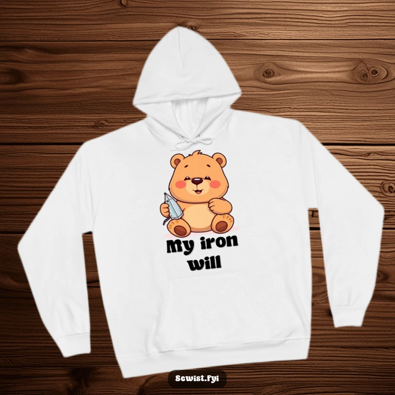 Funny Hoodie: A jovial bear concentrates on ironing seams, offering cozy comfort and meticulous humor.