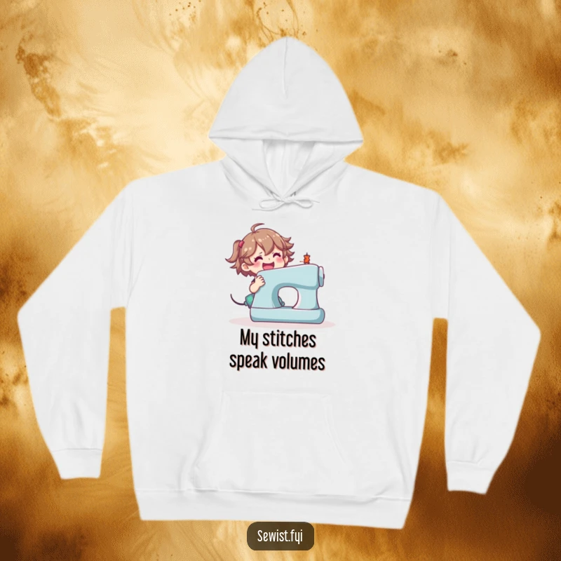 Funny sewing machine hoodie, happy character fully engaged with a large sewing machine.