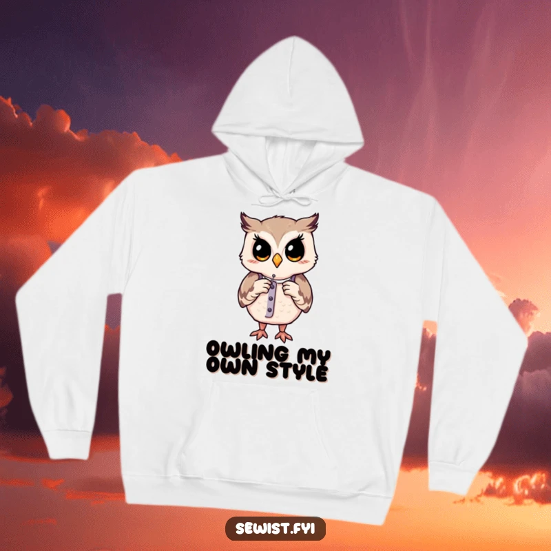 Funny hoodie: A contented owl works diligently on a dress form, wearing a cozy hoodie for comfort during creative work.