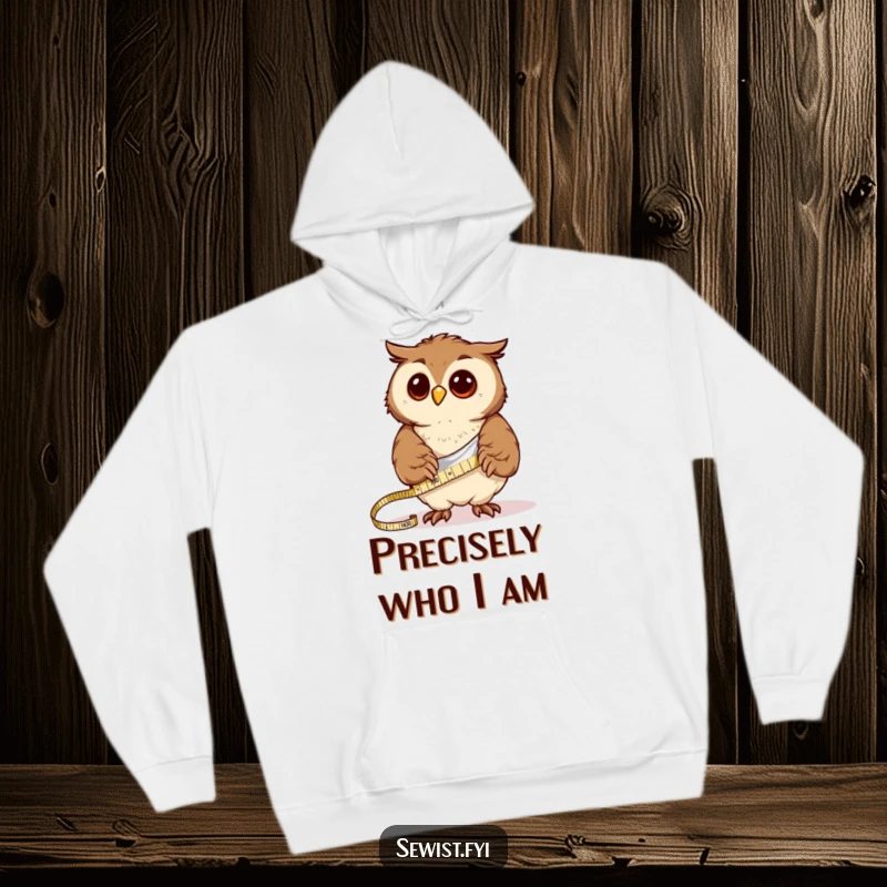Funny curious owl measures fabric with a tape measure, a cozy hoodie for crafting enthusiasts.