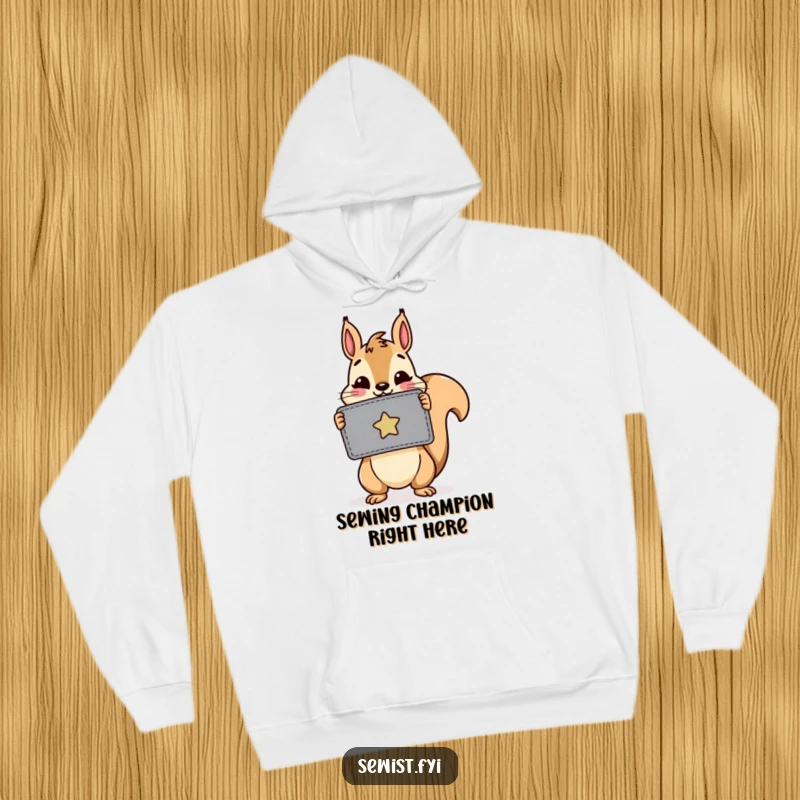 Funny hoodie: A cheerful squirrel wearing a cozy hoodie proudly displays a handmade patch, demonstrating crafting success.