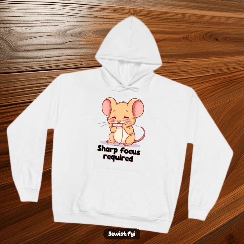 Funny determined mouse threading a needle with intense concentration. Excellent funny hoodie.