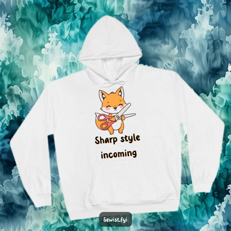 Funny Hoodie with a playful fox character using huge novelty scissors to cut fabric, a fun sewing design.
