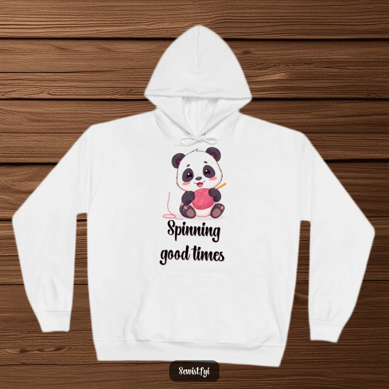 Funny Panda Hoodie: A playful panda spinning thread with delight, providing cozy warmth and humorous fun, a perfect gift.