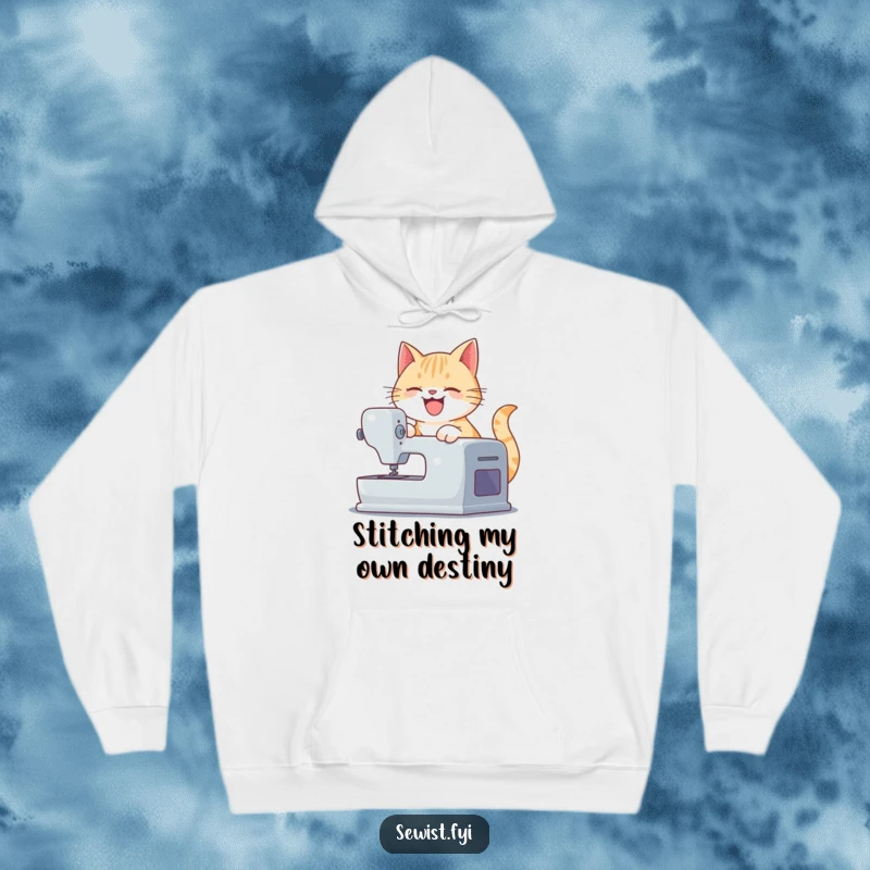 Funny hoodie featuring a playful cat smoothly operating a sewing machine, offering warmth and a humorous design for crafters.