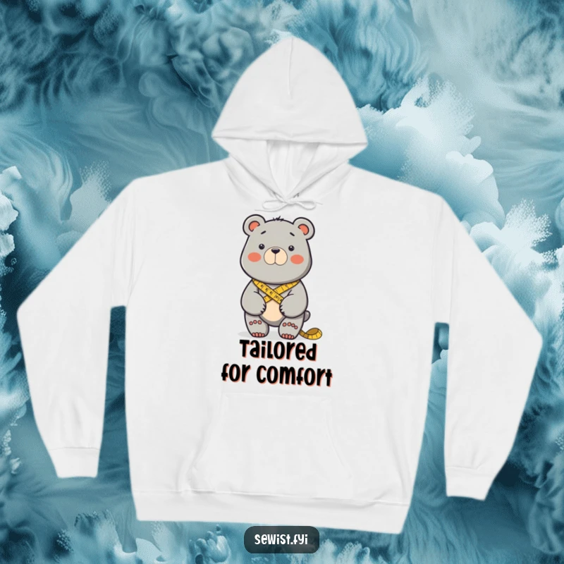 Funny determined bear measuring fabric with a tape measure around its neck. Excellent funny hoodie.