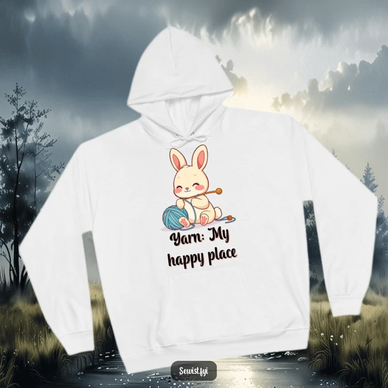 Funny Hoodie featuring a cute bunny character engrossed in threading a large needle with yarn, celebrating the joy of crafting.