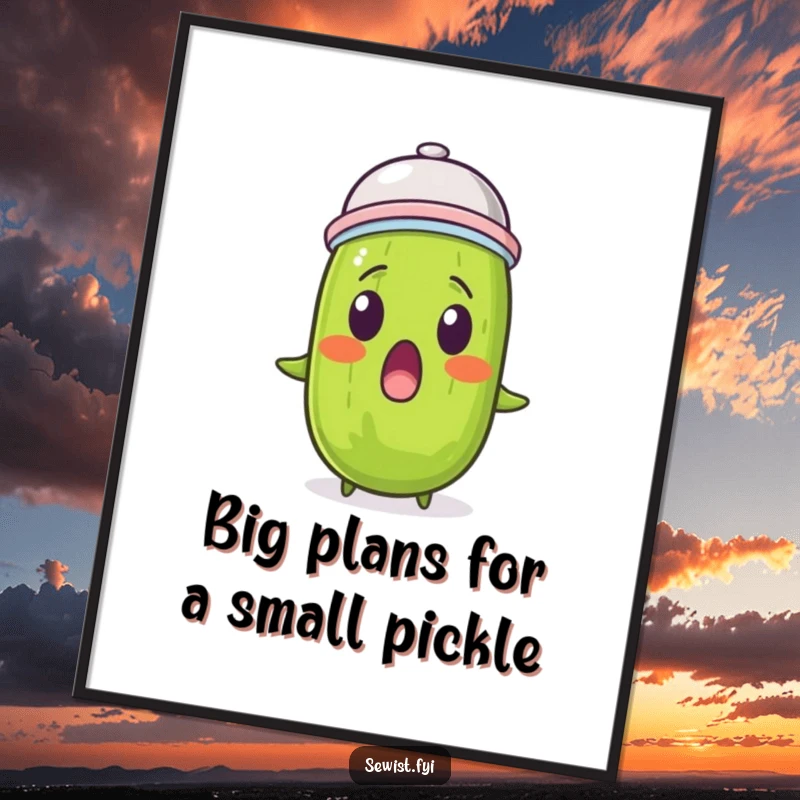 Funny Free Printable Wall Art: A surprised pickle wearing a thimble on its head, adding quirky charm.