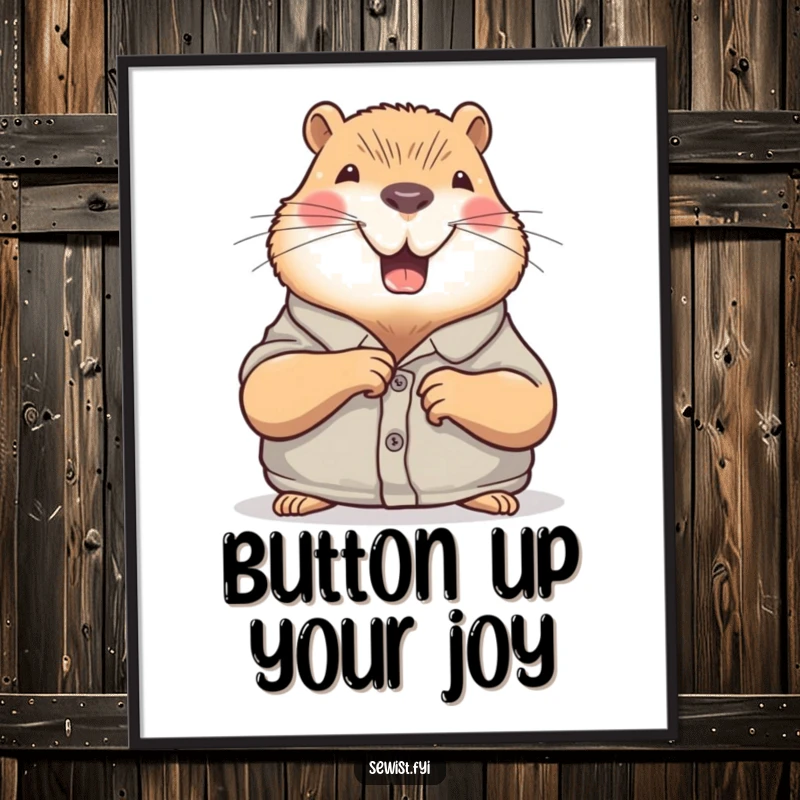 Funny Free Printable Wall Art: Happy capybara meticulously sewing a button, a calm and cute decor piece.