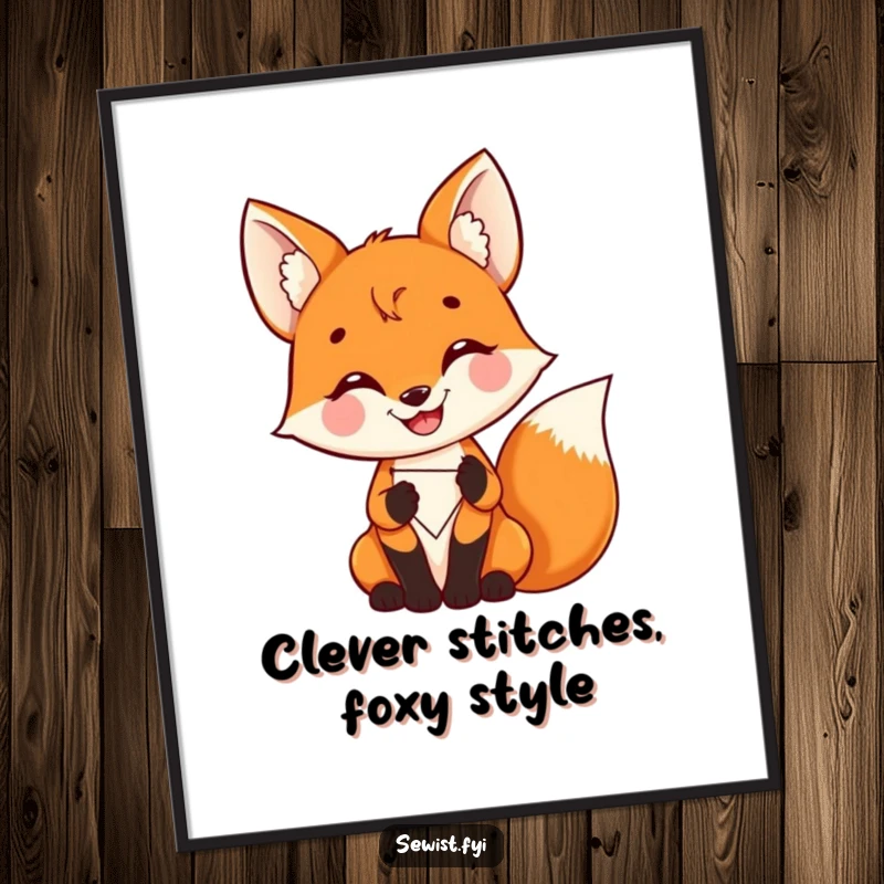 Funny free printable wall art: A delighted fox grinning while expertly stitching a colorful patch.