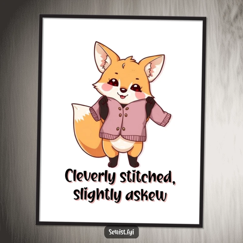 Funny Free Printable Wall Art: Playful fox proudly holding a slightly crooked garment, a humorous and charming decor piece.