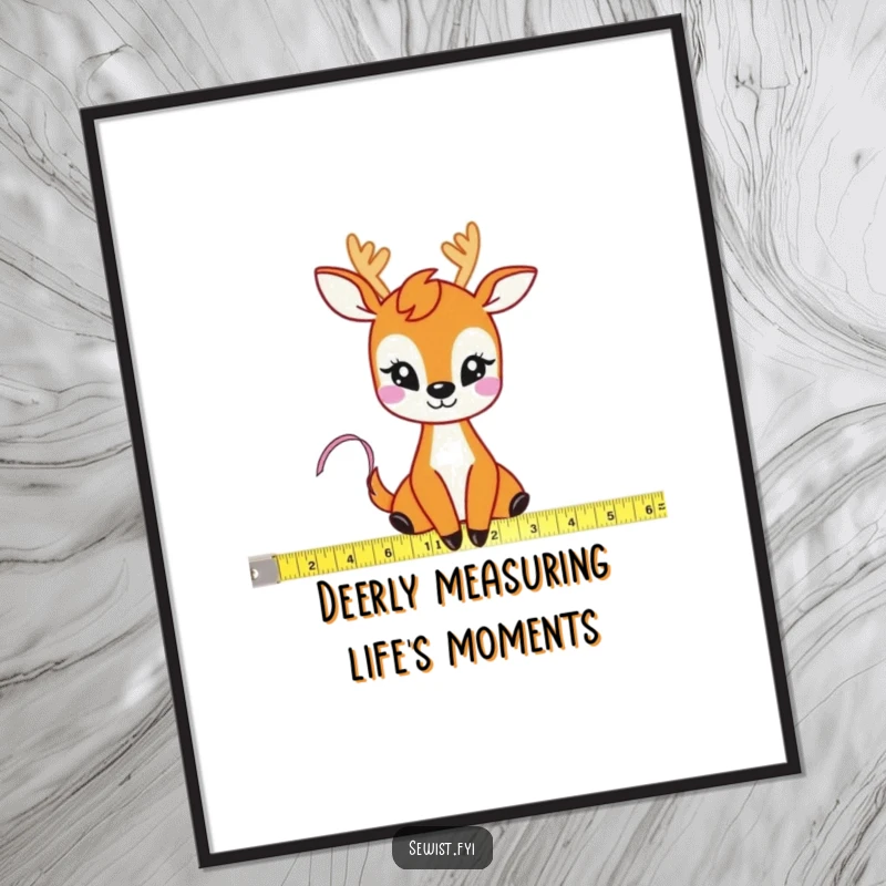 Funny Free Printable Wall Art: A giggling deer character holds a tape measure while sizing up a piece of fabric.