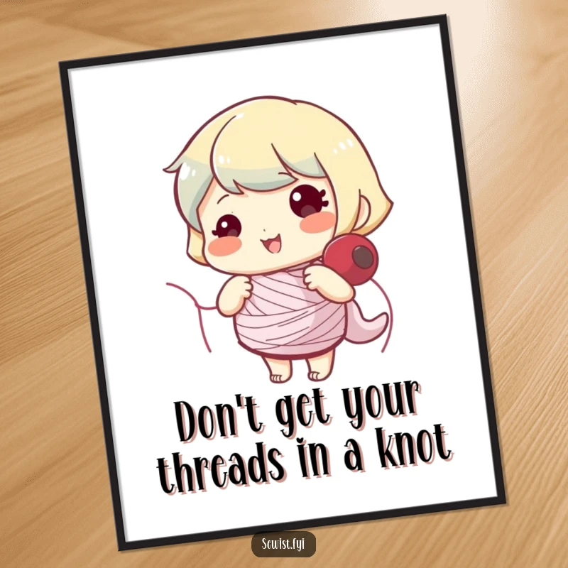 Funny Free Printable Wall Art: A delightful character cheerfully winding a bobbin, bringing a smile to any sewing space.