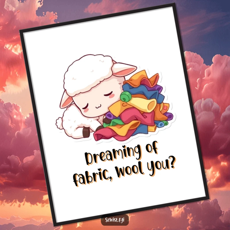 Funny Free Printable Wall Art: Sleepy sheep dozing near colorful fabric scraps, a calming and humorous decor piece.