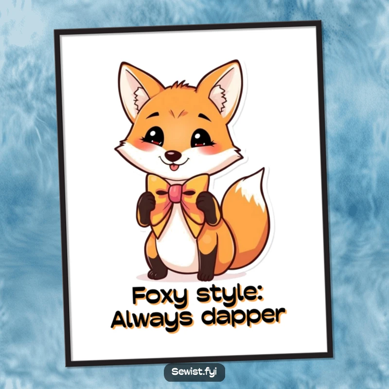 Funny Free Printable Wall Art: A charming fox happily adjusting its vibrant bow tie with a grand, stylish flourish.