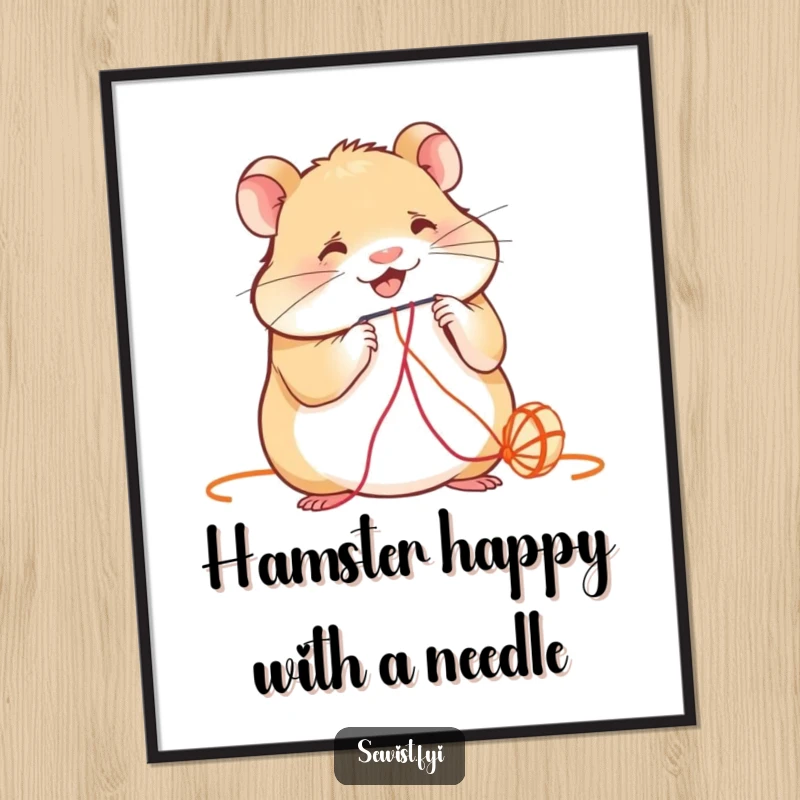 Funny Free Printable Hamster Wall Art: A smiling hamster intently threads vibrant string, showcasing crafty charm and detail.