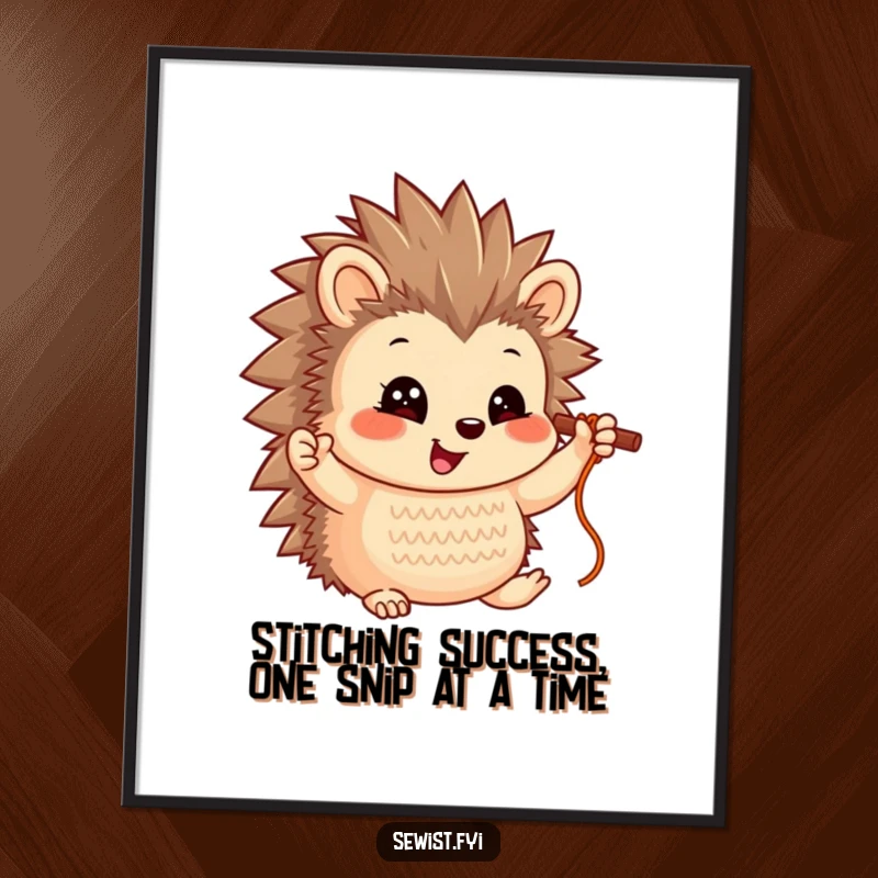 Funny Free Printable Hedgehog Wall Art: Smiling hedgehog proudly holds up a perfectly finished stitch, inspiring crafters.